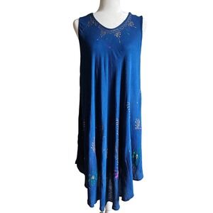 Shoreline Dress One Size Plus Blue Gold Handpainted Art to Wear Flowy Sleeveless